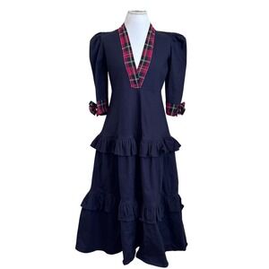 Tarten Plaid Trim Womens Tiered Maxi Dress Size M Black Red Ruffle Bow Holiday